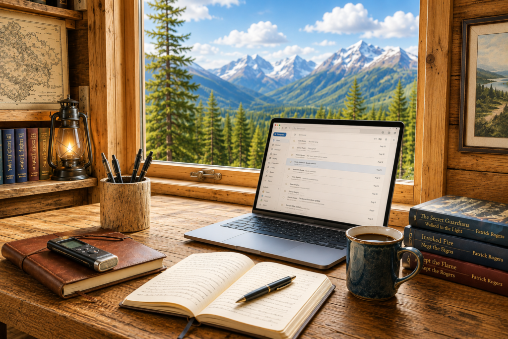 Writer’s desk with laptop, notebook and coffee overlooking the mountains of Montana.