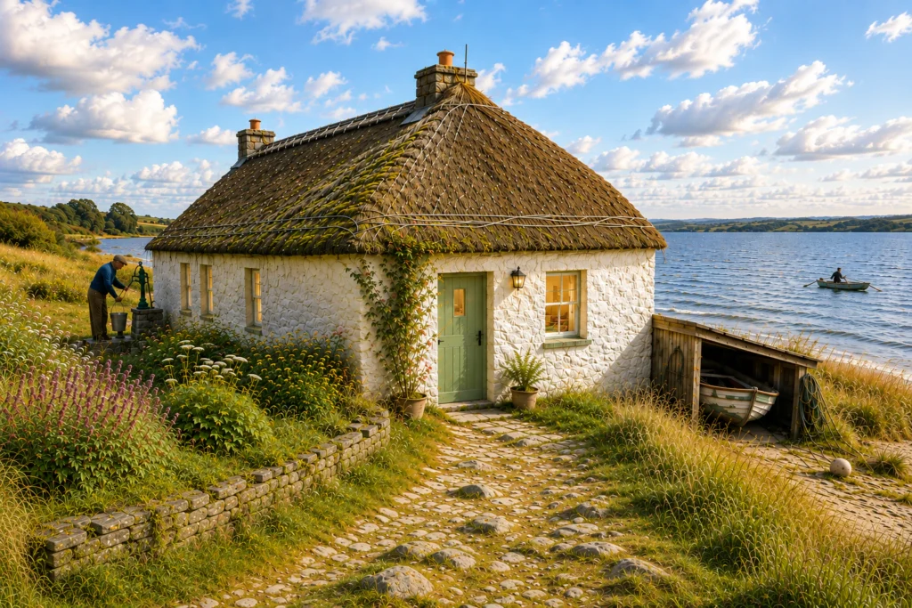 A rustic thatch-roofed cottage beside Lough Neagh in Northern Ireland, surrounded by windswept greenery.