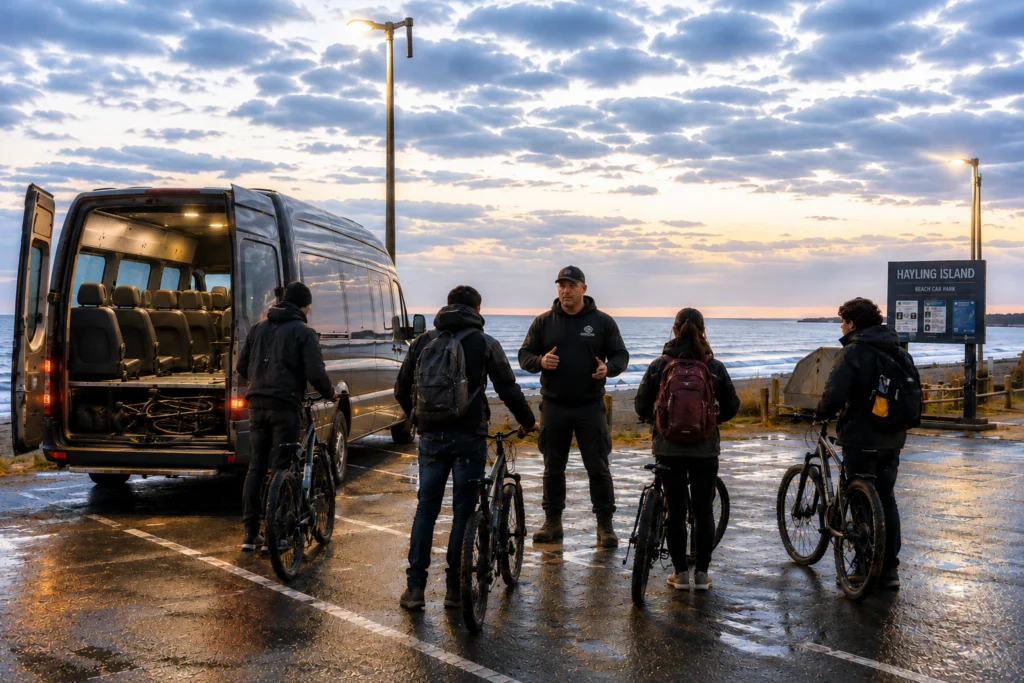 Jian and her companions prepare bicycles beside a van on England's Channel coast before dawn.