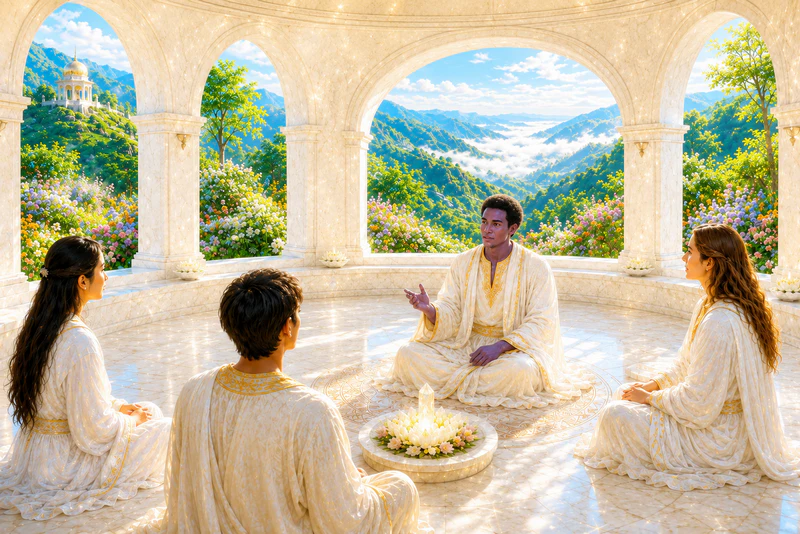 Jian receives instruction from a loving saint at the Jade Temple etheric retreat.