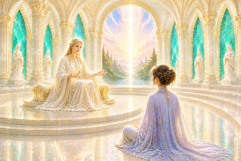 Jian receives instruction from a loving saint in the luminous Jade Temple.