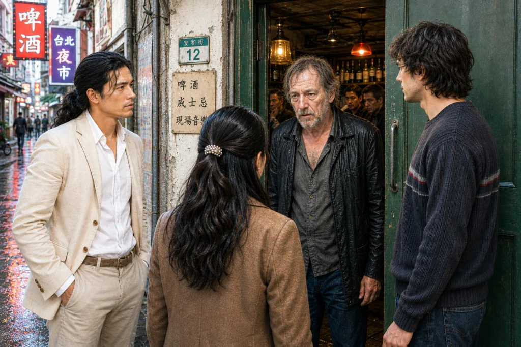 Jian and Kaelin Byrne meet their father Sean in the doorway of a nameless Taipei bar.