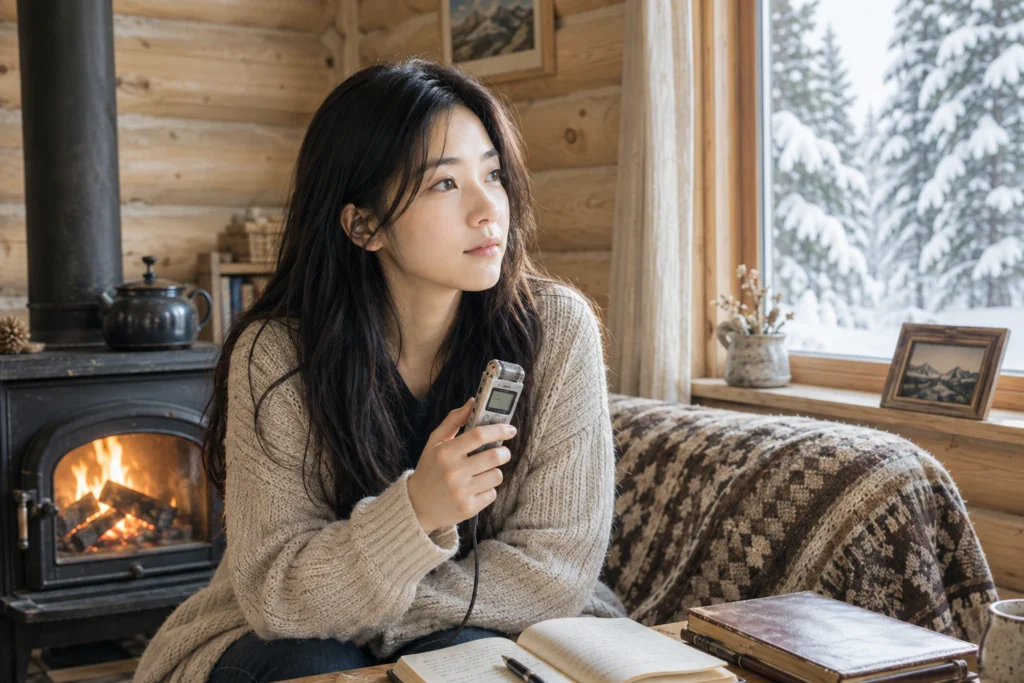 Jian Byrne records her memories inside the rustic Hollow Tree cabin in Montana.