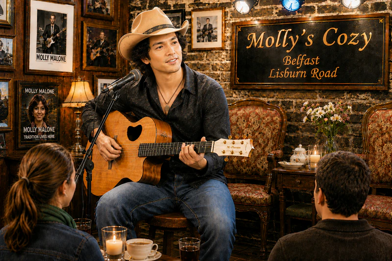 Luke Song plays guitar at Molly’s Cozy on Belfast’s Lisburn Road.