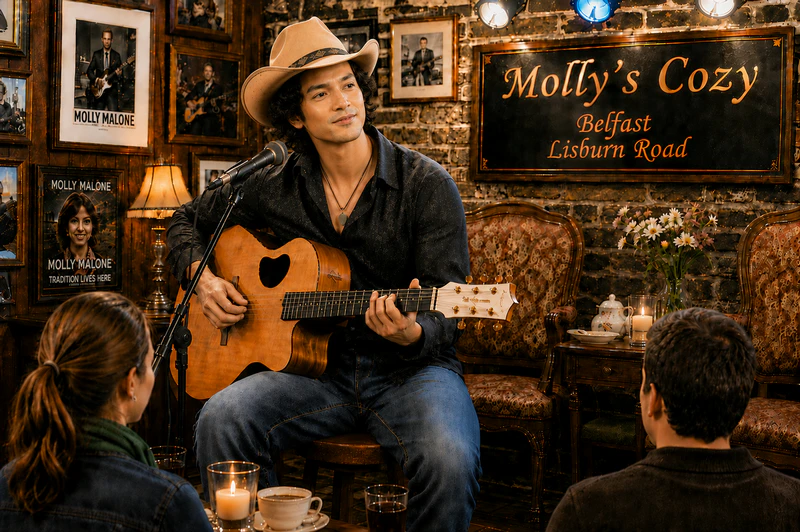 Luke Song plays guitar at Molly’s Cozy on Belfast’s Lisburn Road.