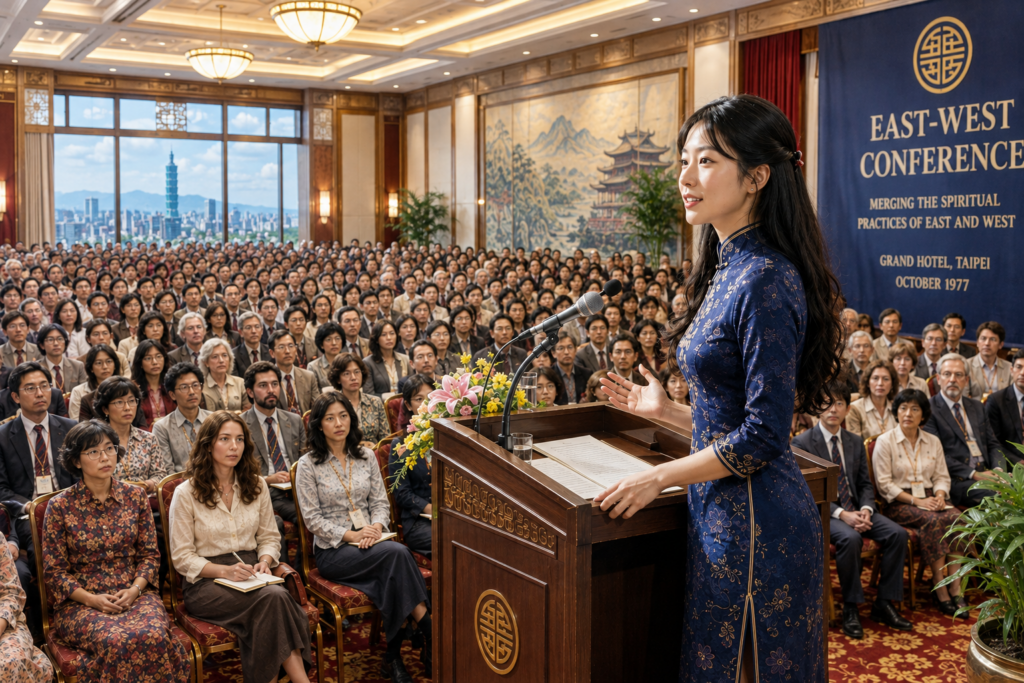 Lin Dao-ming addresses a large audience at the East-West spiritual conference in Taipei.