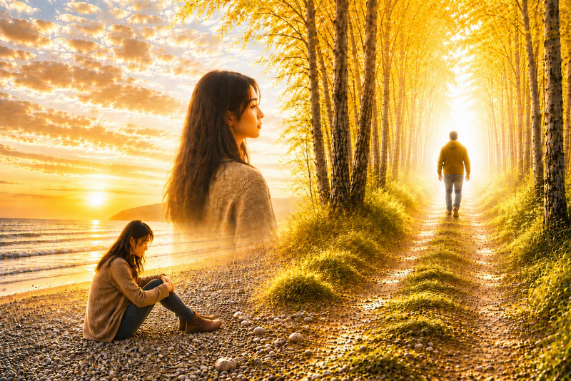Nash Davis walking into a tunnel of light with Jian watching