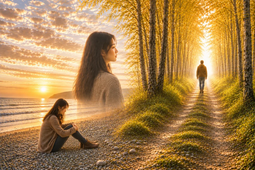 Nash Davis walks toward a brilliant light as Jian watches beside the English Channel at dawn.