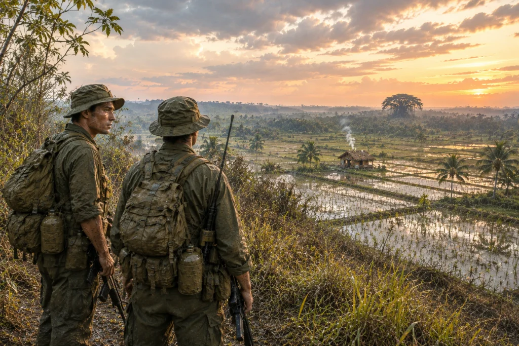 Young Sean Byrne on patrol with fellow American soldiers among the rice paddies of Vietnam.