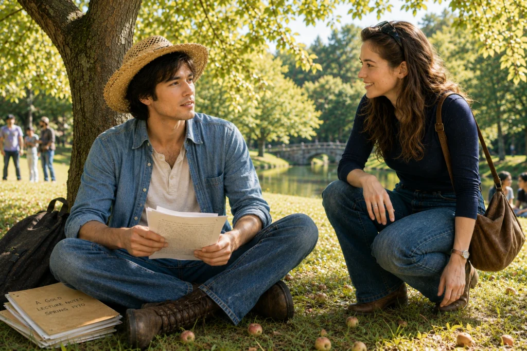 Young Sean Byrne and Jenna Poett sit beneath a blossoming apple tree on a spring day in Ann Arbor.
