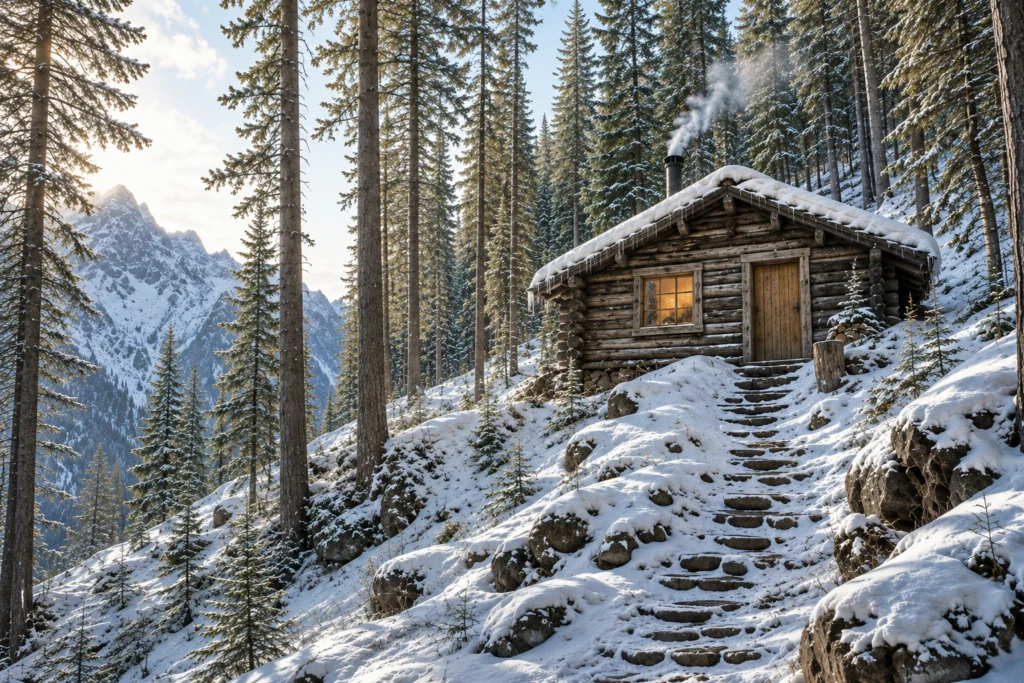 The snow-covered Hollow Tree cabin among tall evergreens in Montana's Absaroka wilderness.