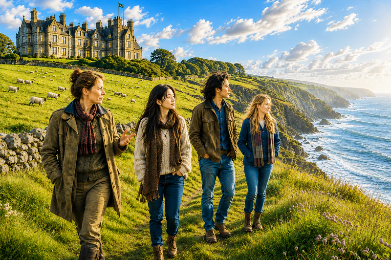Wren Bowen stands with Jian and her companions near her coastal home in Wales.