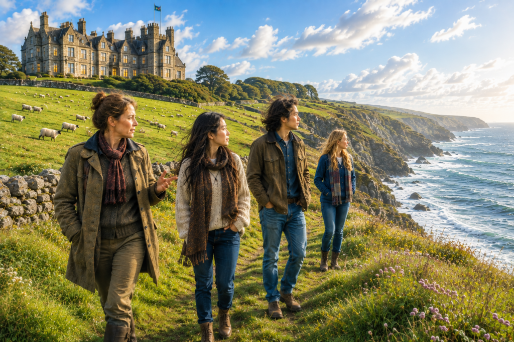 Wren Bowen stands with Jian and her companions near her coastal home in Wales.