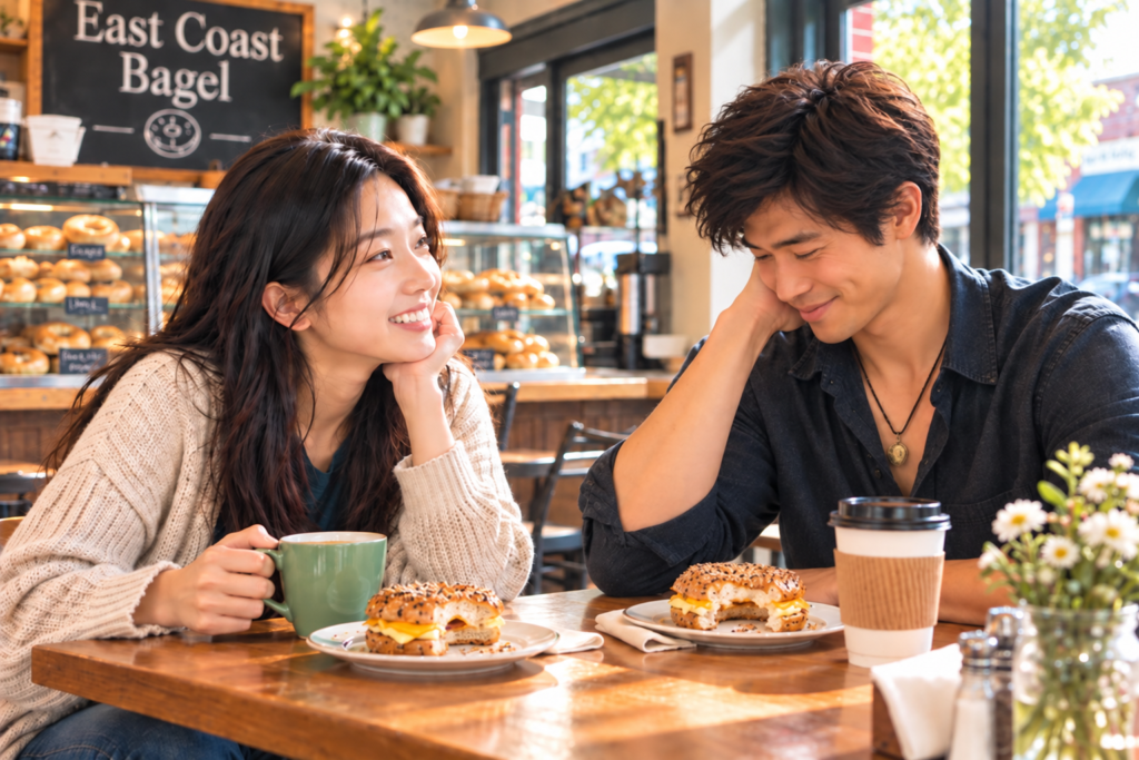 Jian and Luke share breakfast and conversation at East Coast Bagel