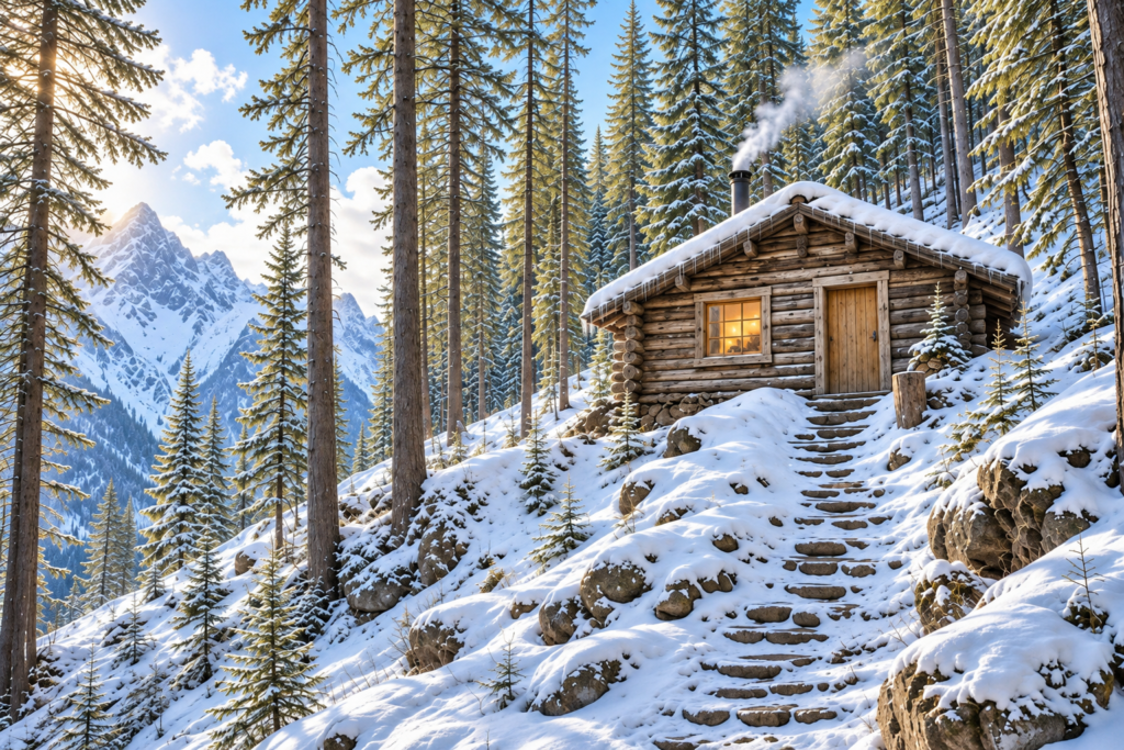 The snow-covered Hollow Tree cabin among tall evergreens in Montana's Absaroka wilderness.