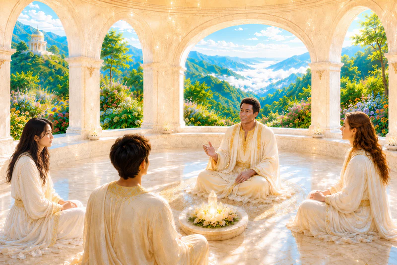 A saint teaching Jian and others in an etheric retreat